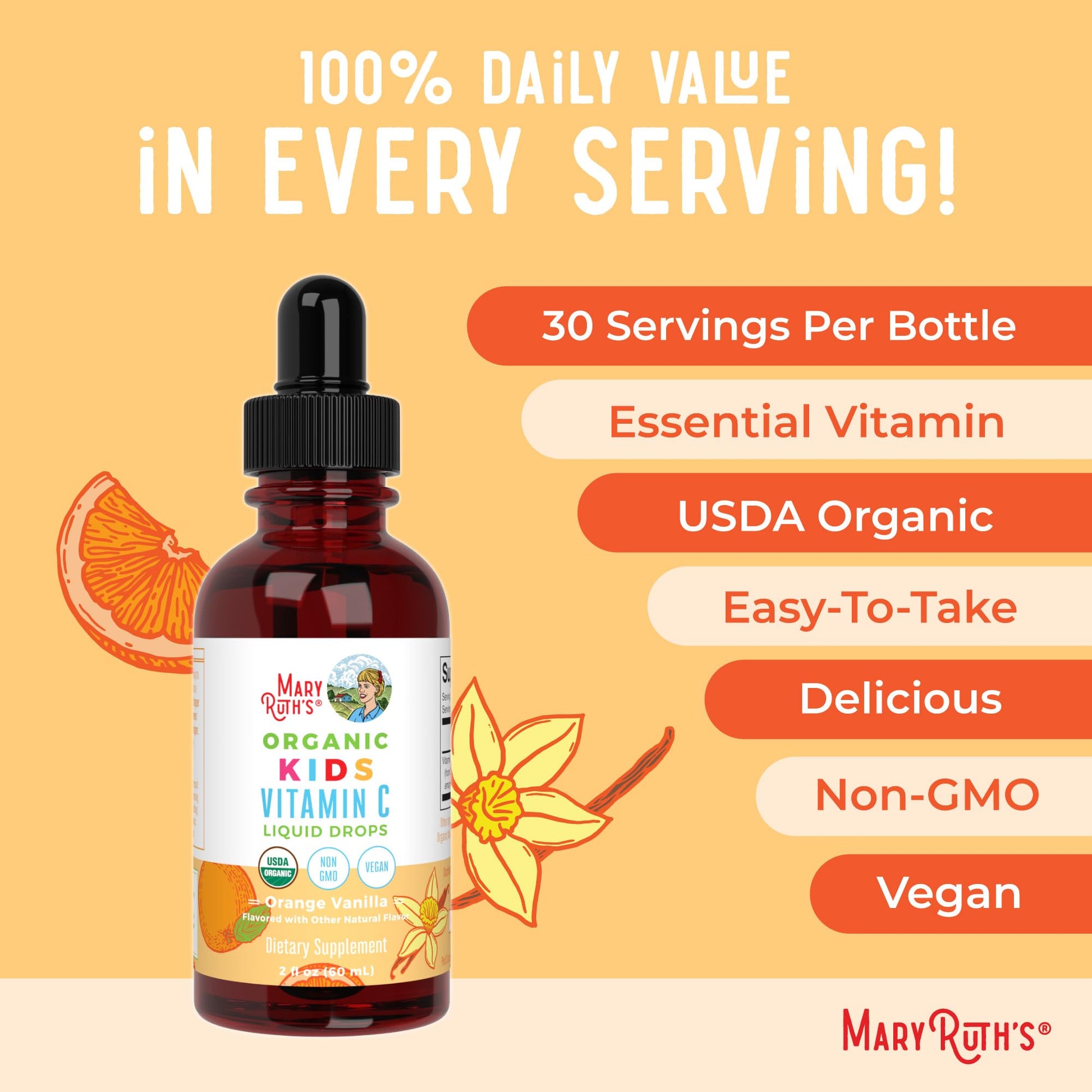 Authentic imported MaryRuth's organic kids vitamin C liquid drops dietary supplement display.