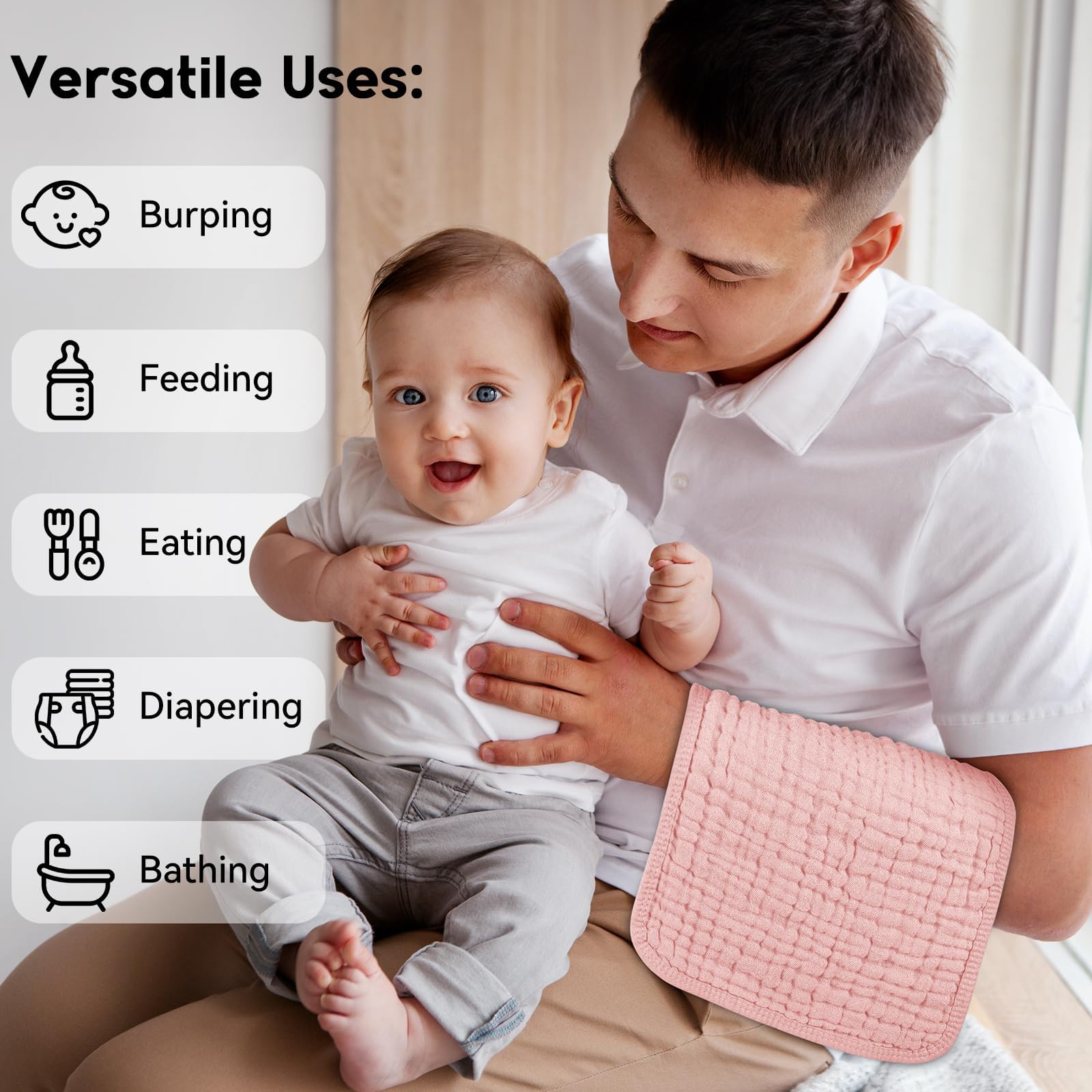 Parent using large muslin burp cloth on baby shoulder