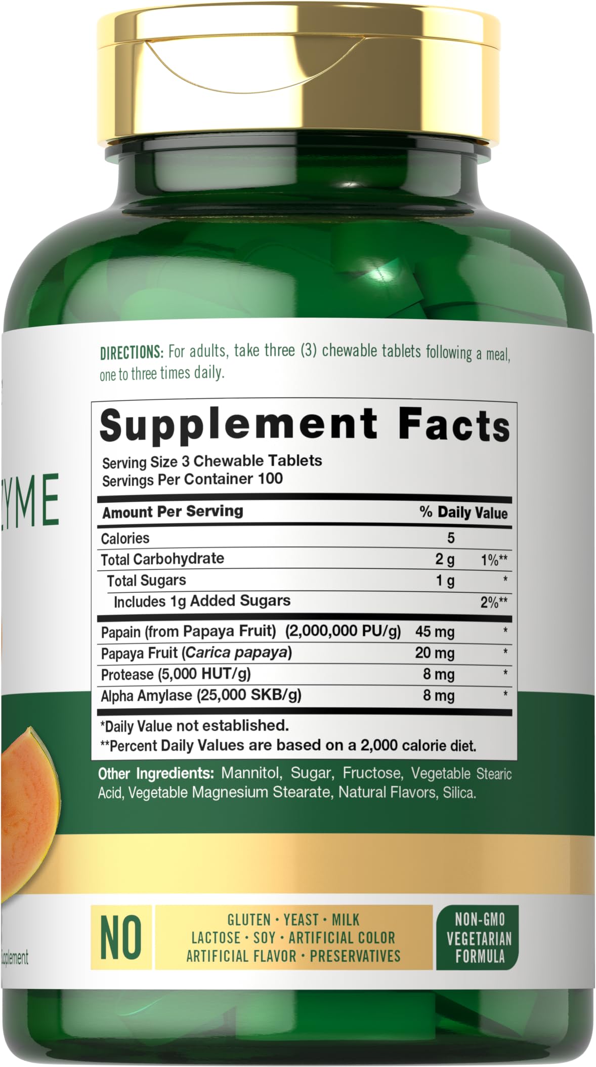Carlyle Ultimate Papaya Enzyme Plus vegetarian chewable tablets dietary supplement fact panel