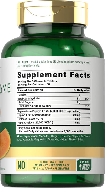 Carlyle Ultimate Papaya Enzyme Plus vegetarian chewable tablets dietary supplement fact panel