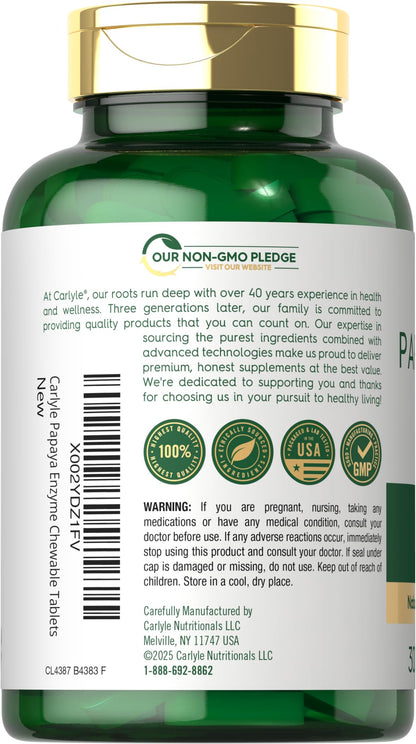 Tropical flavor Carlyle papaya enzyme digestive supplement bottle showing non GMO seals