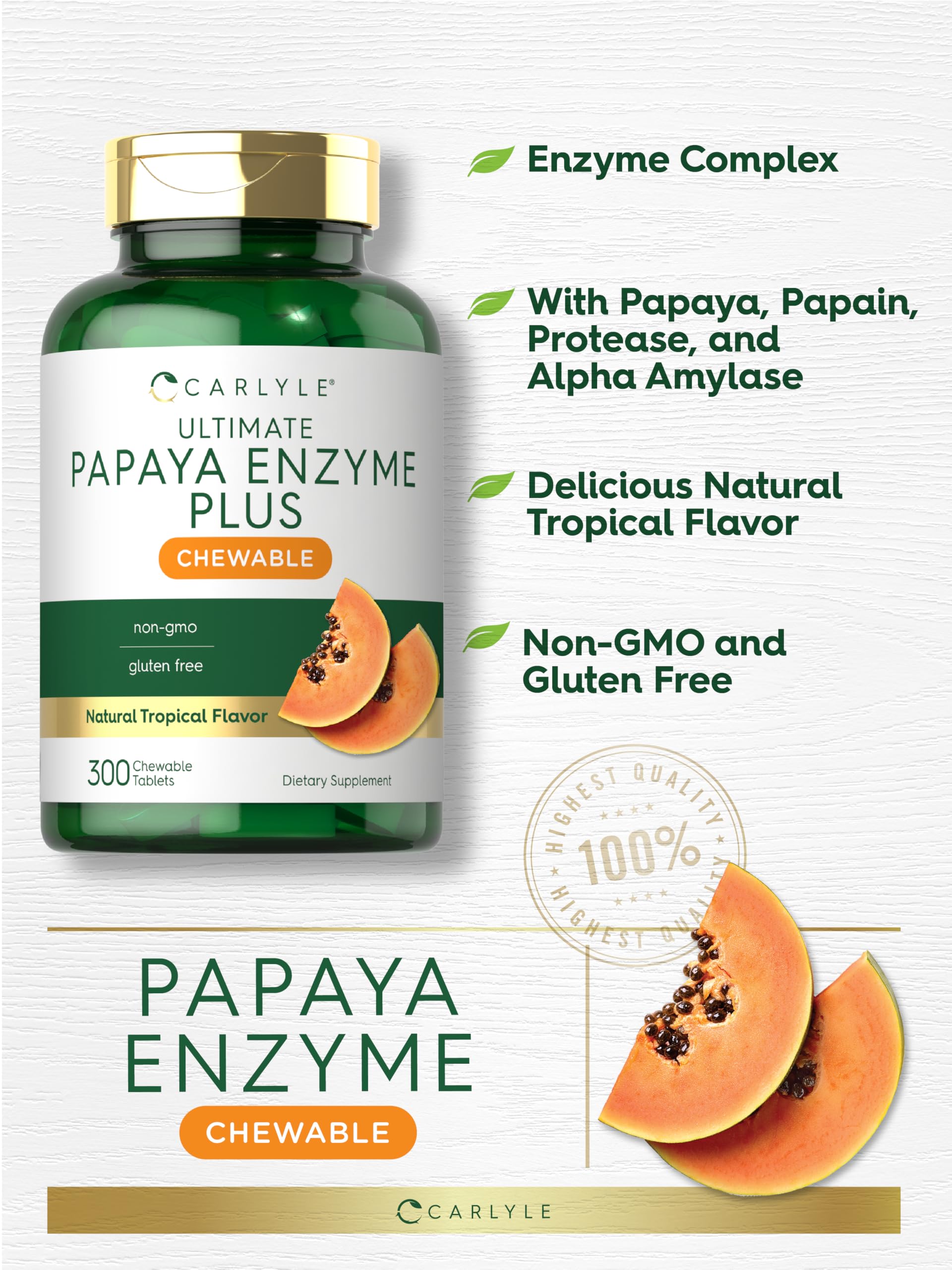 Gluten free Carlyle papaya fruit enzyme chewables for bloating relief close up view