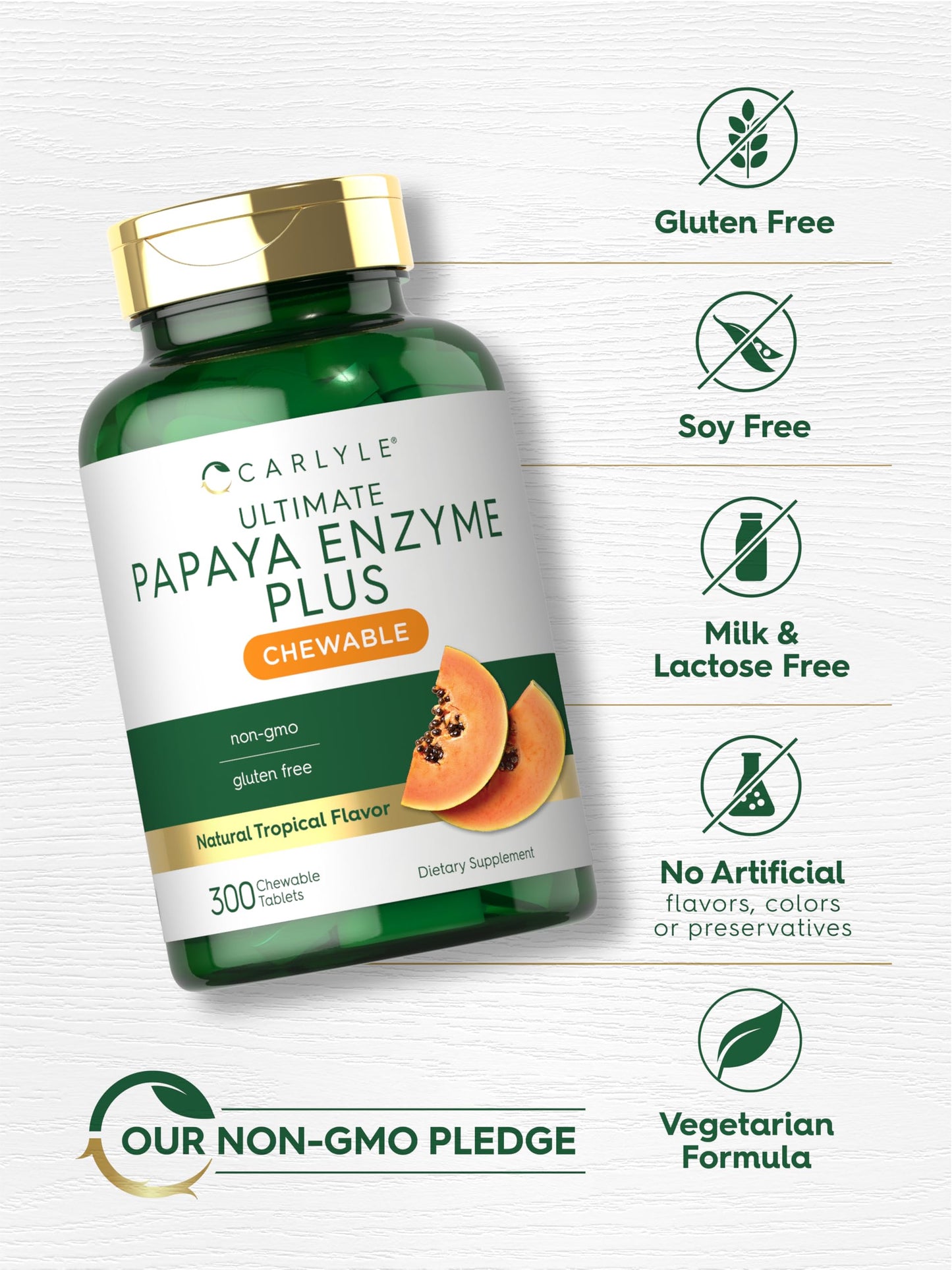 Carlyle brand papaya digestive enzymes showing clean plant based vegetarian ingredients list