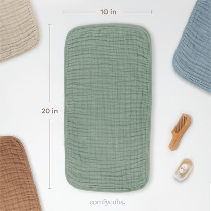 Parent using Comfy Cubs burp cloth over shoulder