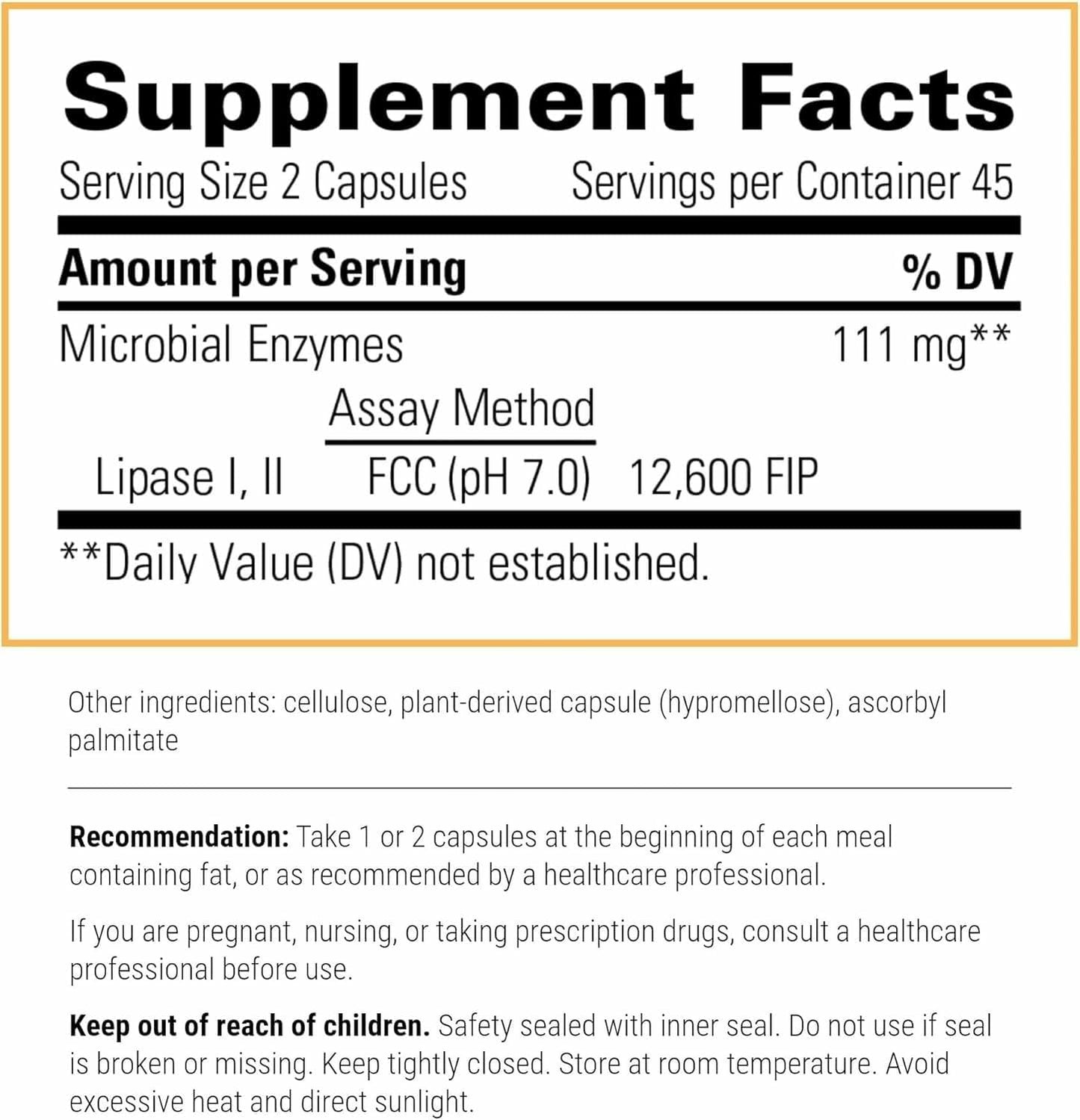 Integrative Therapeutics fat digestion capsules supplement facts and ingredient label