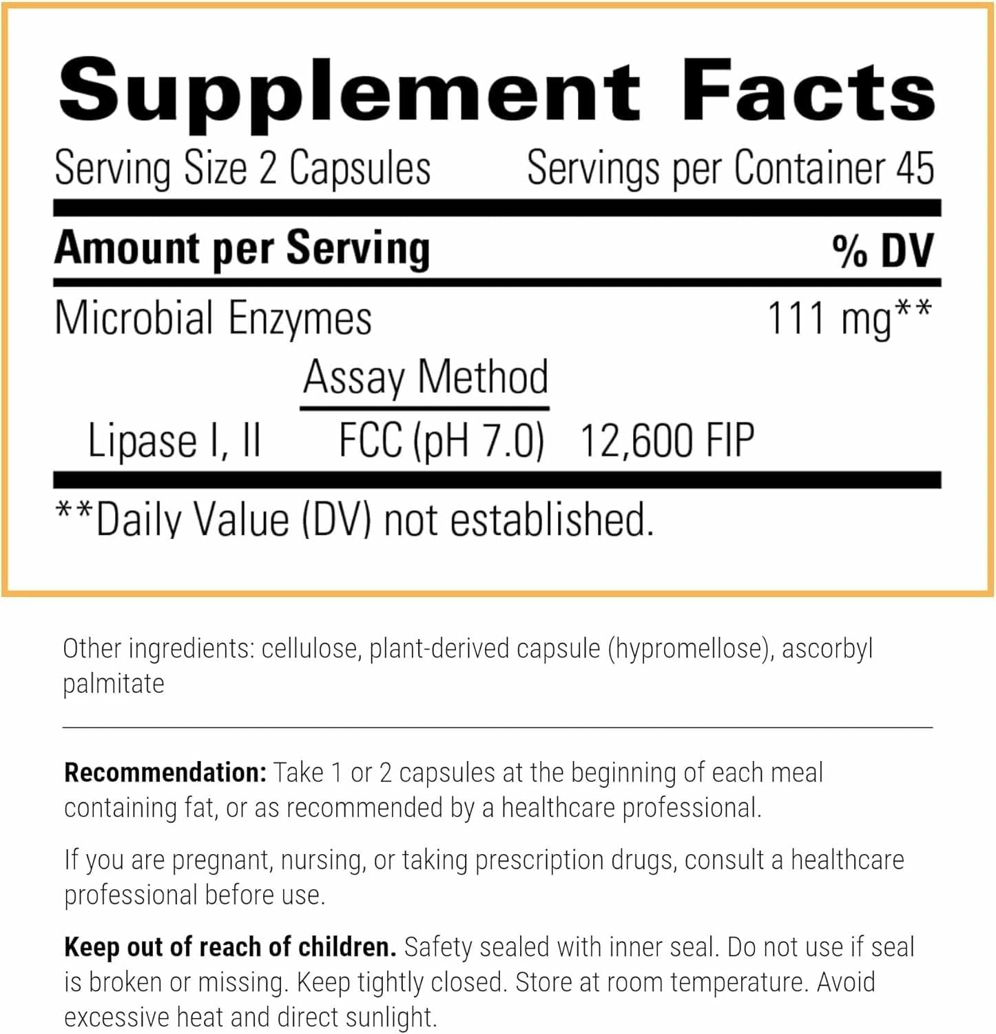 Integrative Therapeutics fat digestion capsules supplement facts and ingredient label