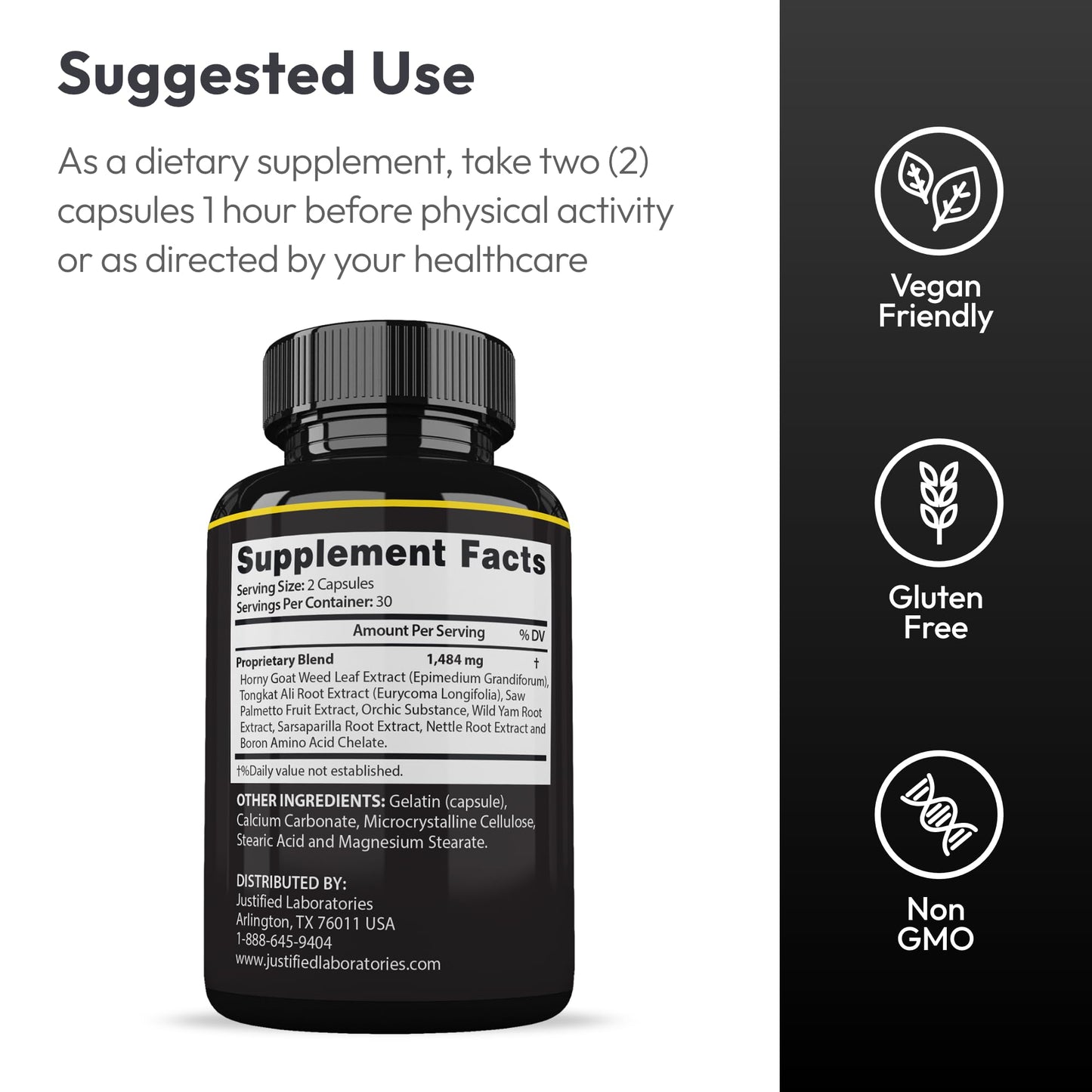 Justified Laboratories Maasalong Advanced Men's Formula showing supplement facts and 742 mg proprietary blend.