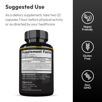Justified Laboratories Maasalong Advanced Men's Formula showing supplement facts and 742 mg proprietary blend.