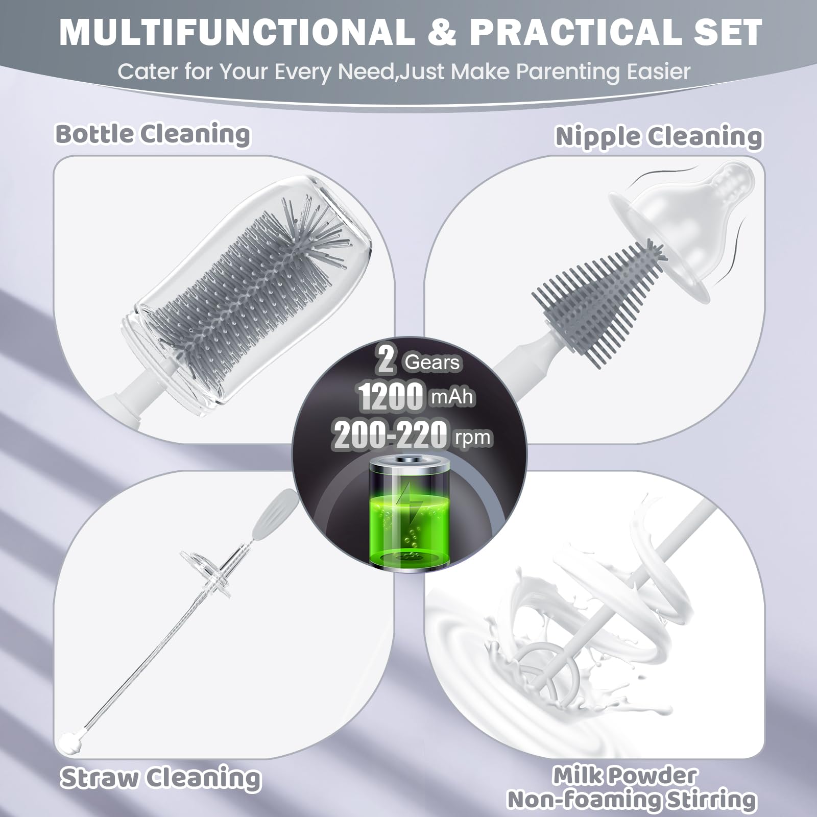Electric handle and silicone brush head attachments for baby bottles