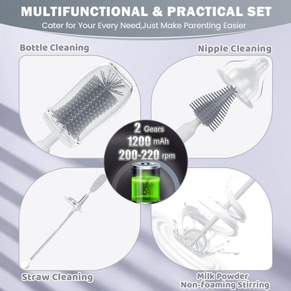 Electric handle and silicone brush head attachments for baby bottles