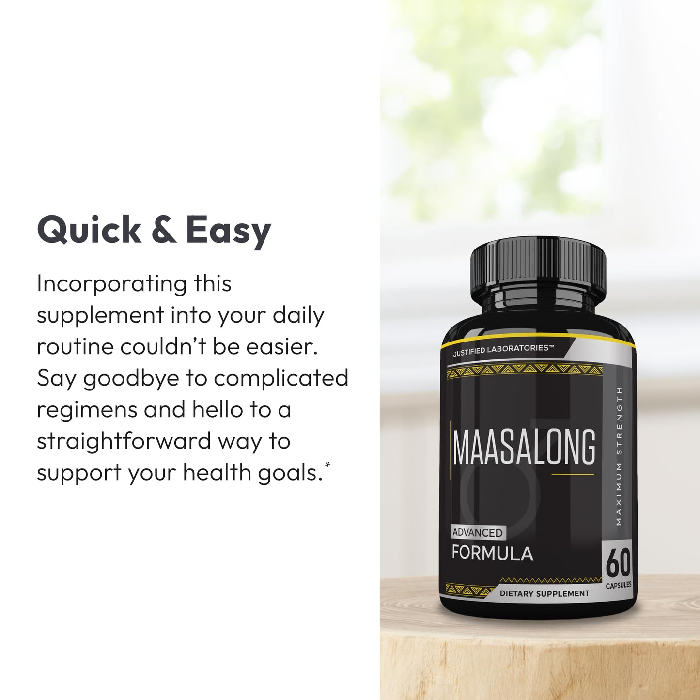 Justified Laboratories Maasalong authentic imported USA men's health supplement capsules close up.
