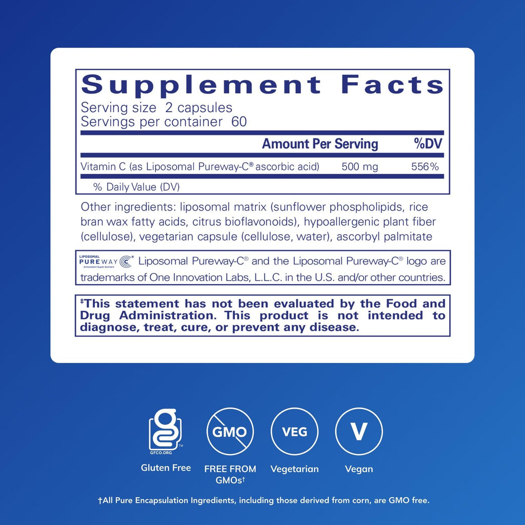 Back label of Pure Encapsulations Liposomal Vitamin C showing supplement facts and ingredients.