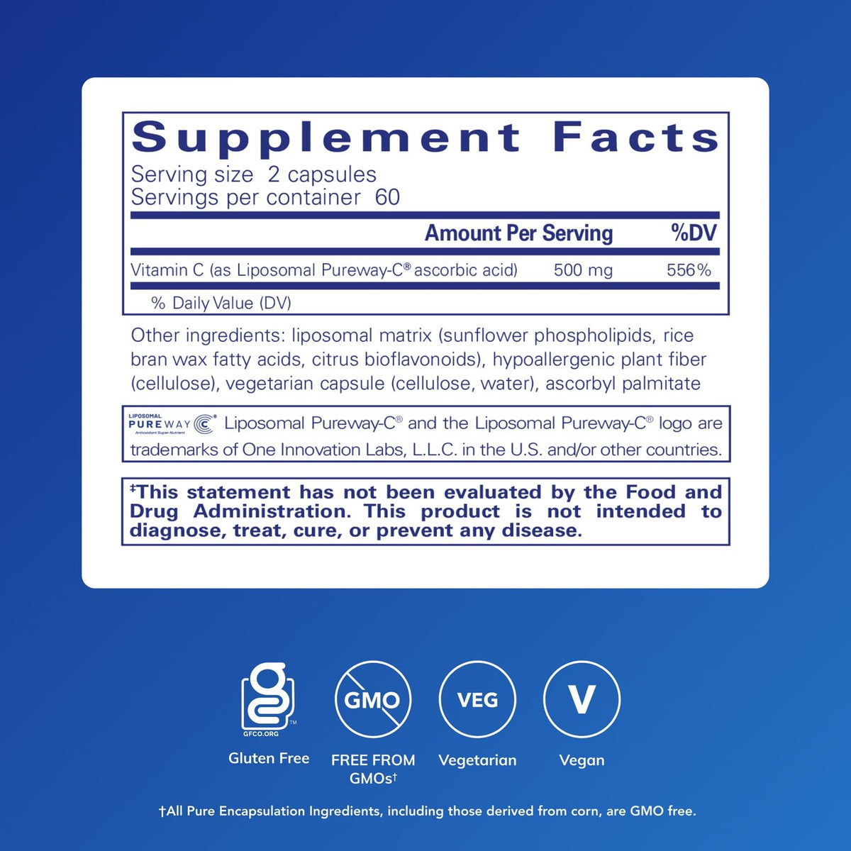 Back label of Pure Encapsulations Liposomal Vitamin C showing supplement facts and ingredients.