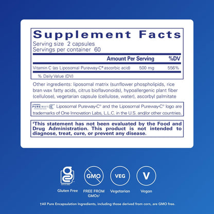 Pure Encapsulations Liposomal Vitamin C supplement facts and ingredient label showcasing PureWay-C technology