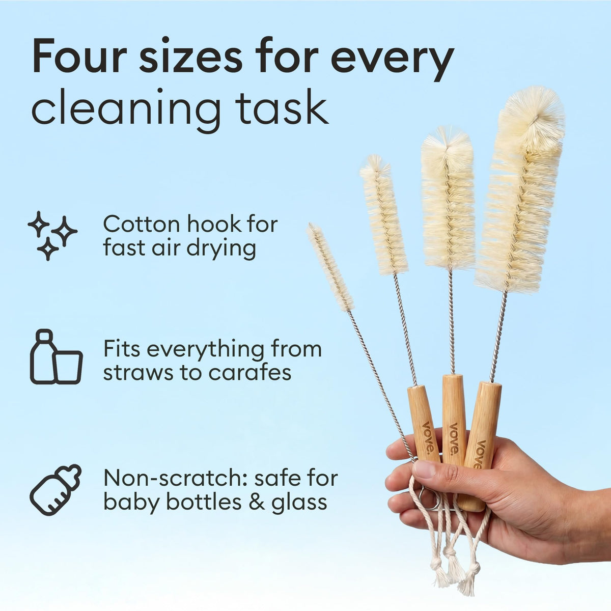 Vove bottle brush cleaning a narrow neck glass bottle