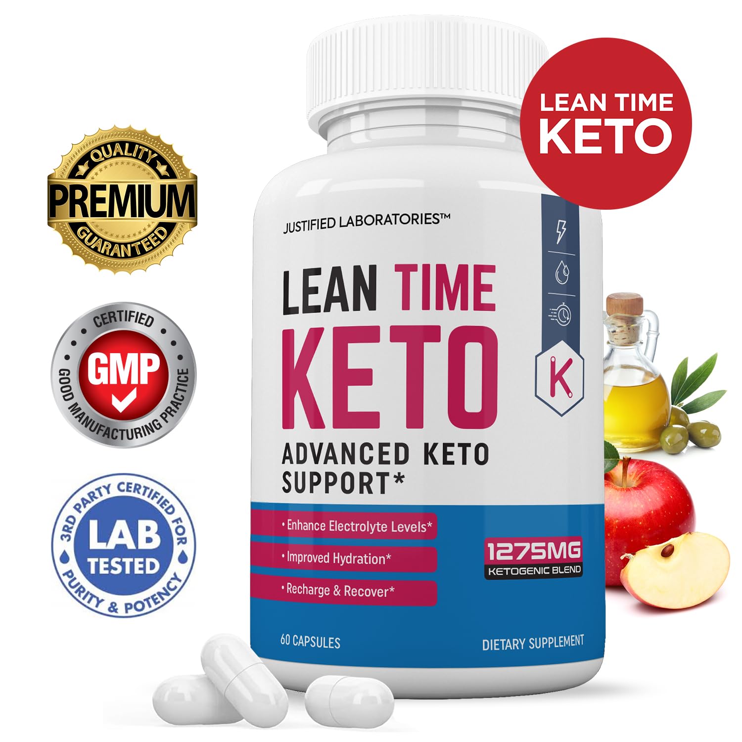 Lean Time Keto by Justified Laboratories nutritional information panel and ingredient list details.