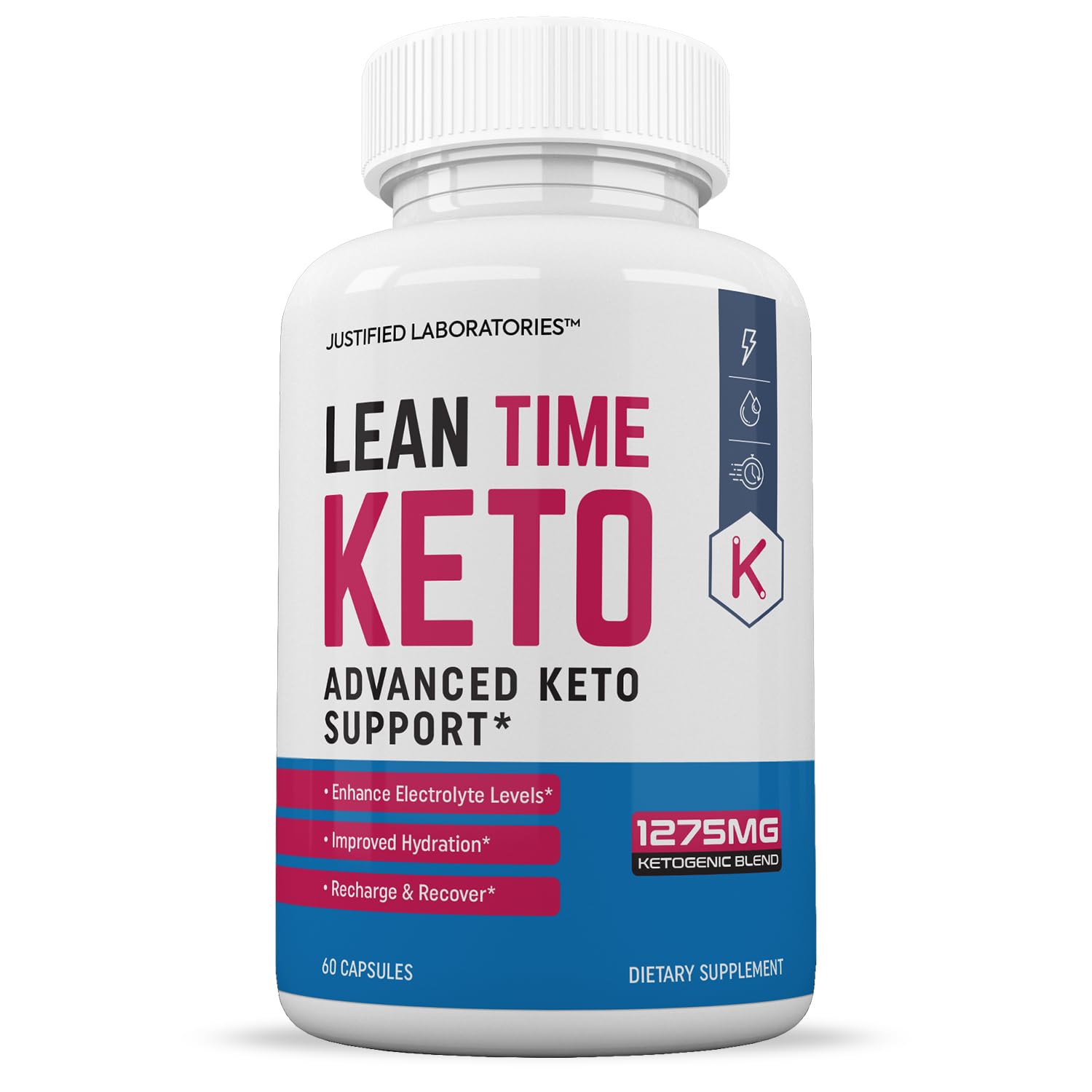 Justified Laboratories Lean Time Keto capsules packaging side view displaying directions for daily usage.
