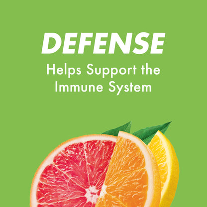 Close up of HALLS Defense immune system booster packaging showcasing 150 percent daily value.