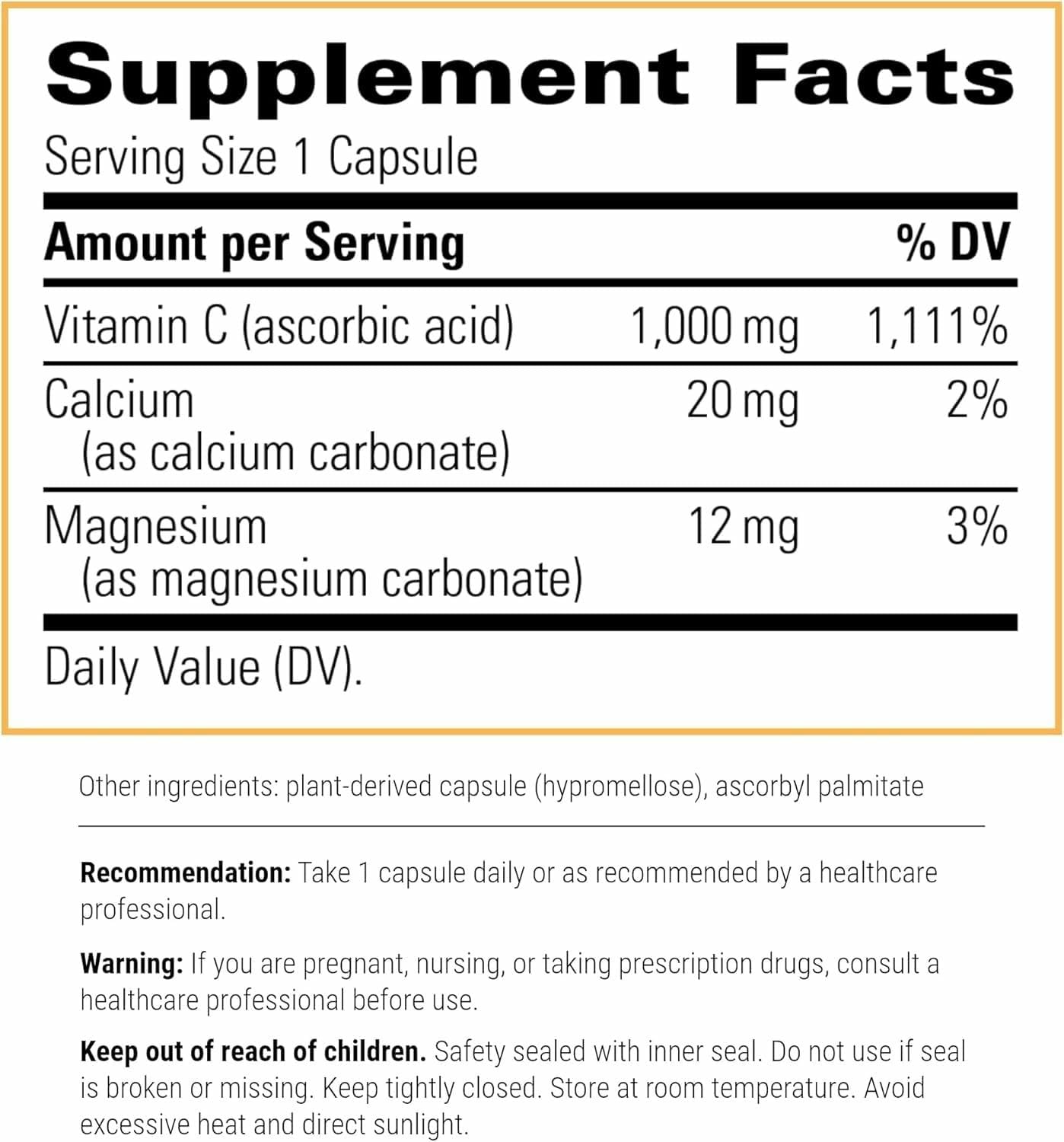 Integrative Therapeutics stomach friendly vitamin C capsule label showing ingredient details