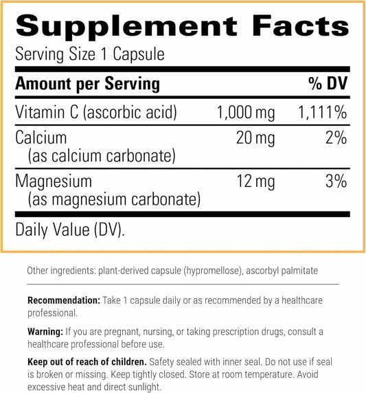 Integrative Therapeutics stomach friendly vitamin C capsule label showing ingredient details