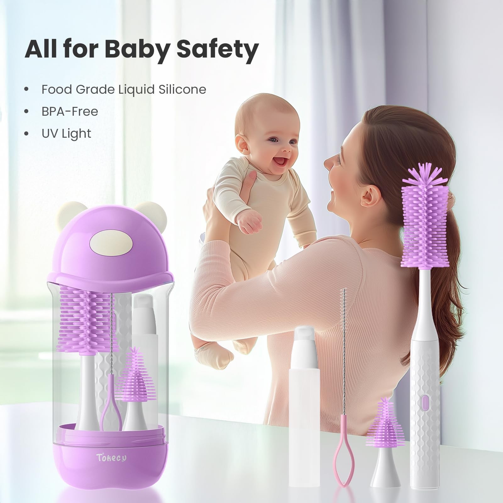 Electric baby bottle cleaner kit components displayed