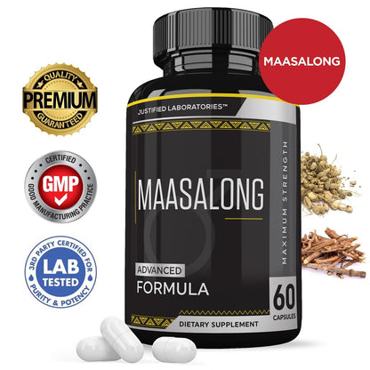 Justified Laboratories Maasalong Max dietary supplement for men showing directions and usage instructions