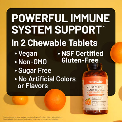 Premium USA imported NatureWise Vitamin C chewable tablets showing natural orange flavor variant.