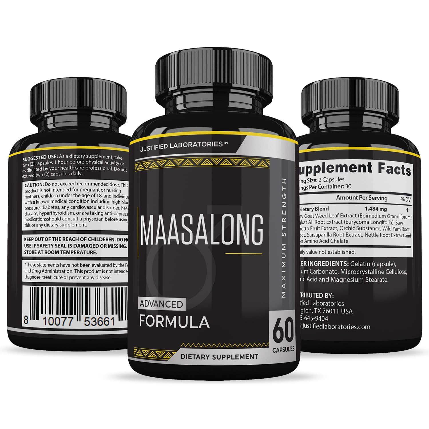 Justified Laboratories Maasalong Men's Health formula product bottle highlighting USA imported authenticity