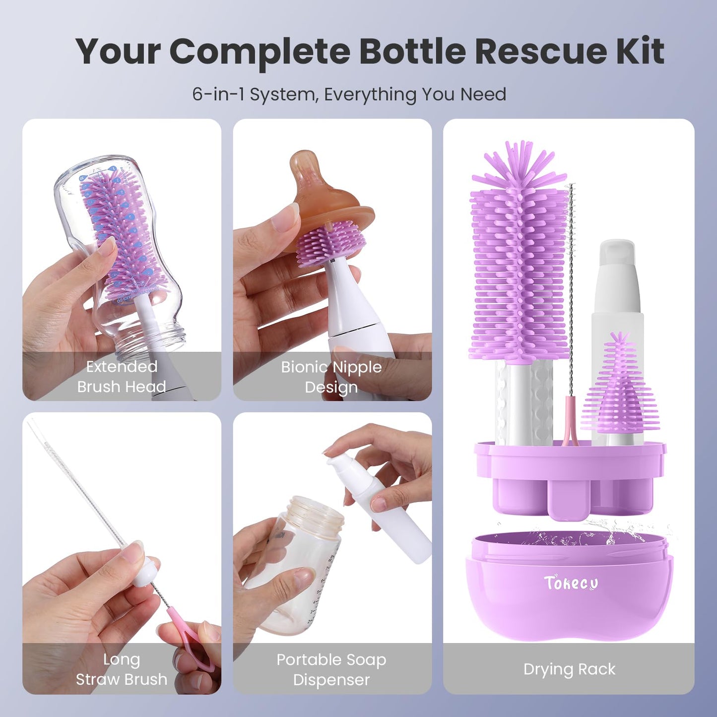 Tohecu bottle brush set with soap dispenser and rack