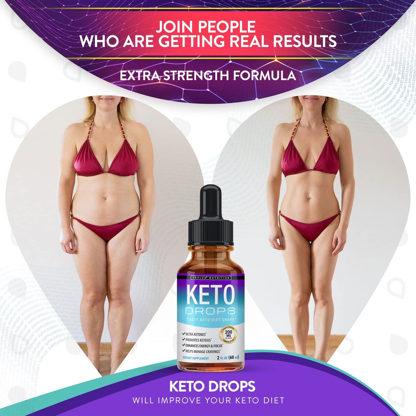 Two fluid ounces bottle of fast absorbing ketogenic drops for appetite management.