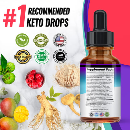 Authentic Toplux keto drops bottle packaging highlighting raspberry ketones content.