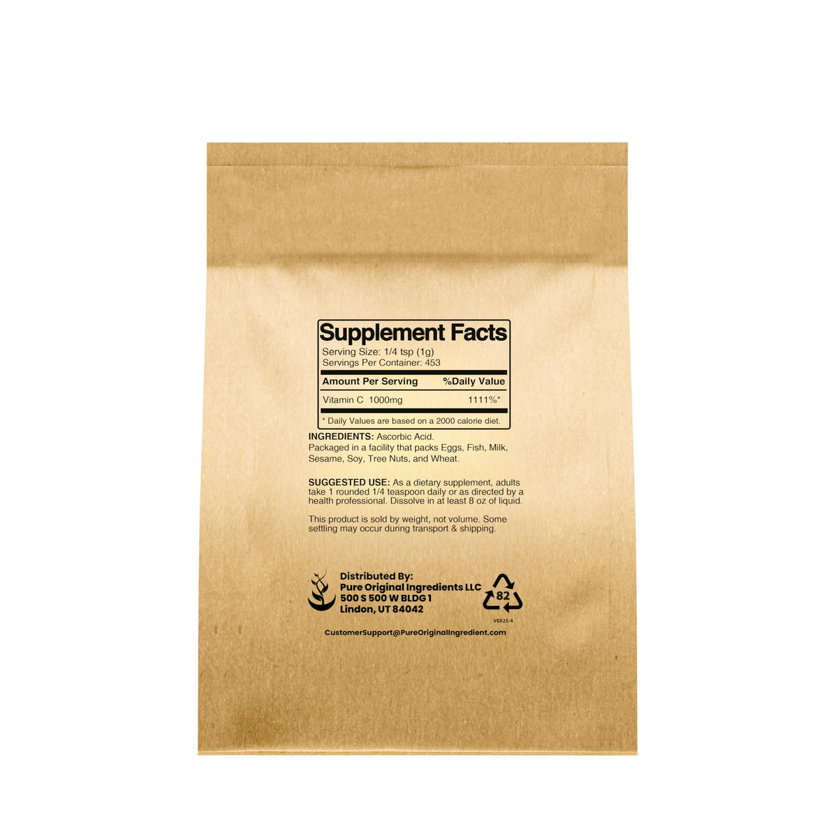 Pure Original Ingredients Vitamin C Powder label and supplement facts