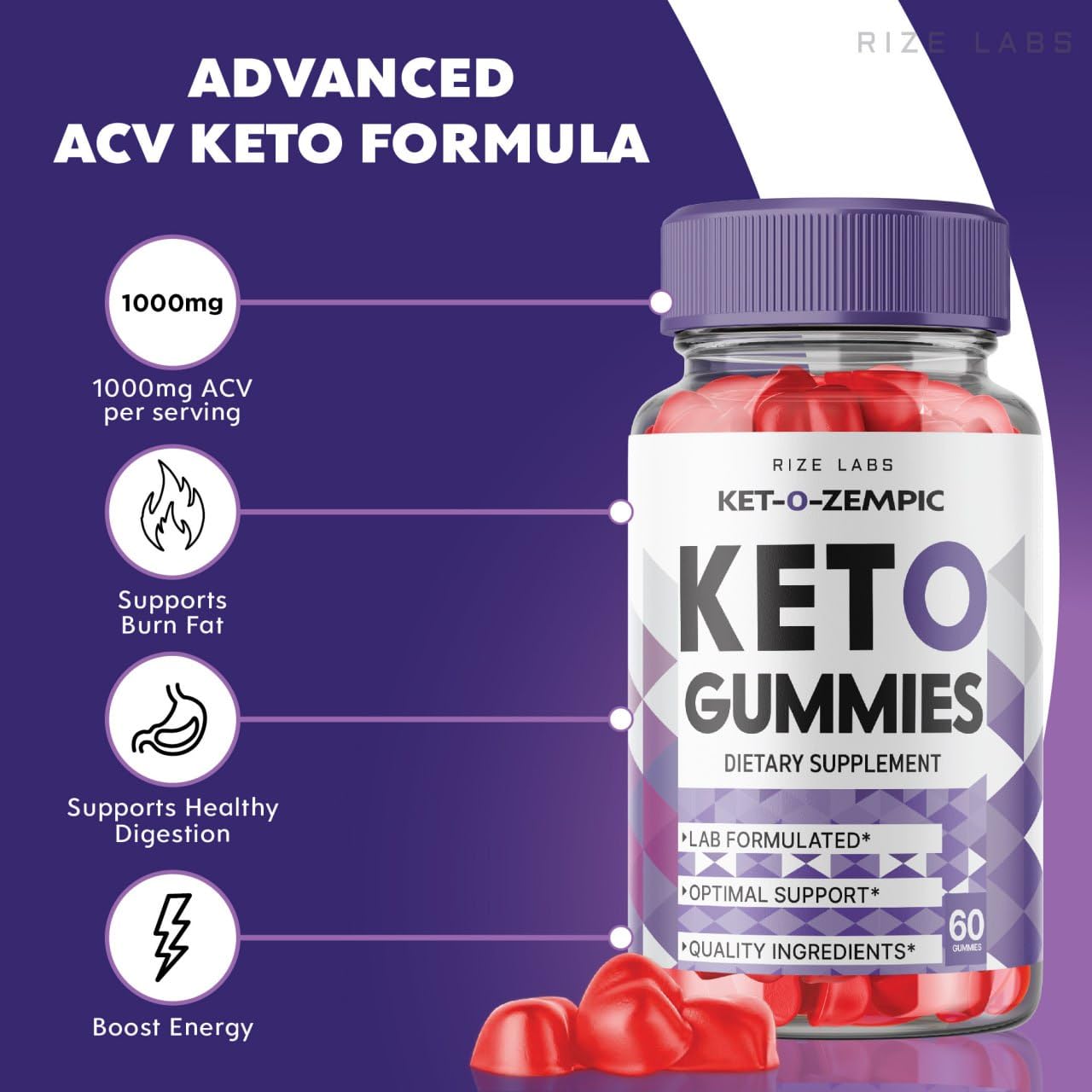 Rize Labs Ket-O-Zempic dietary supplement bottle showing nutritional information and dosage details