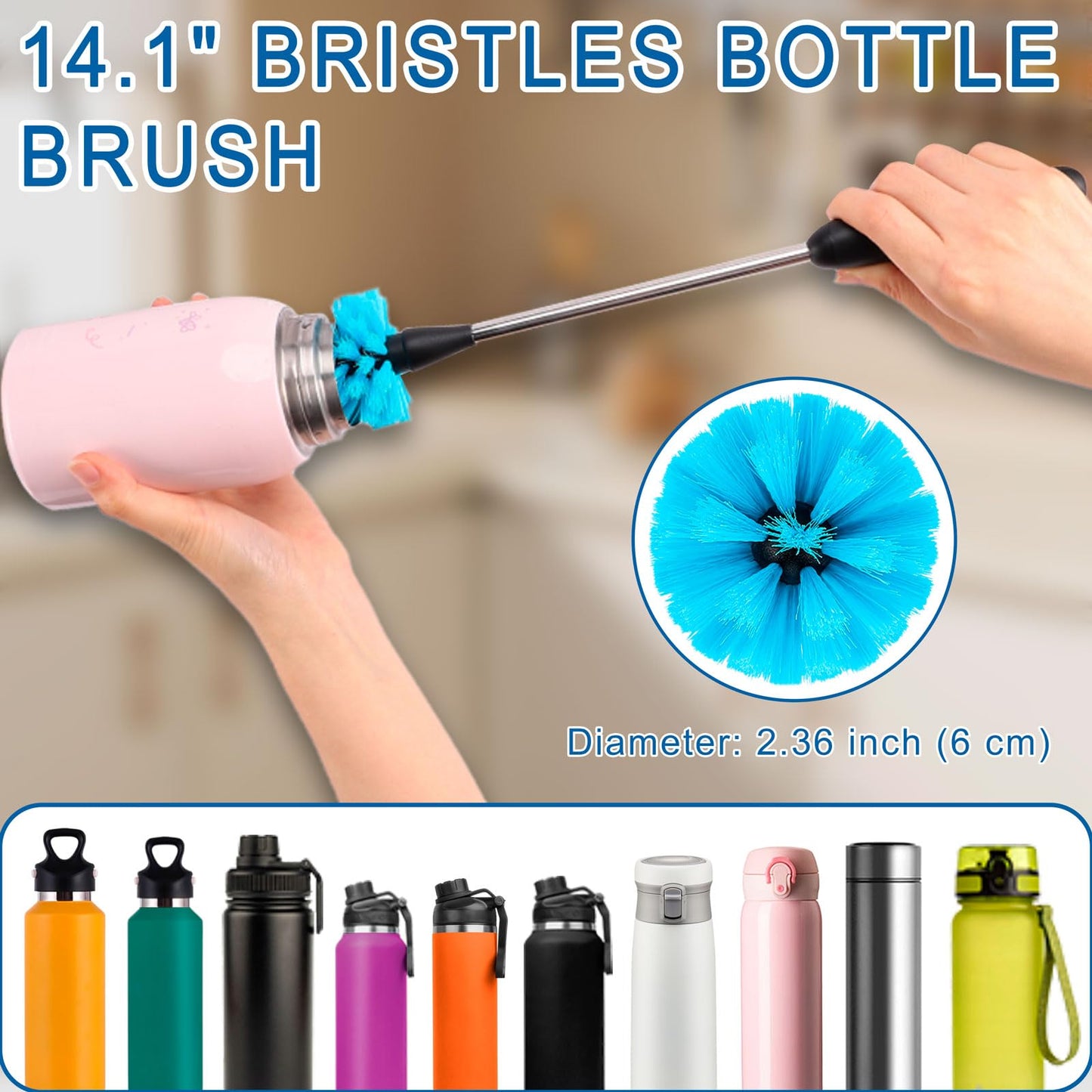 Long handle bottle brush for deep cleaning thermoses