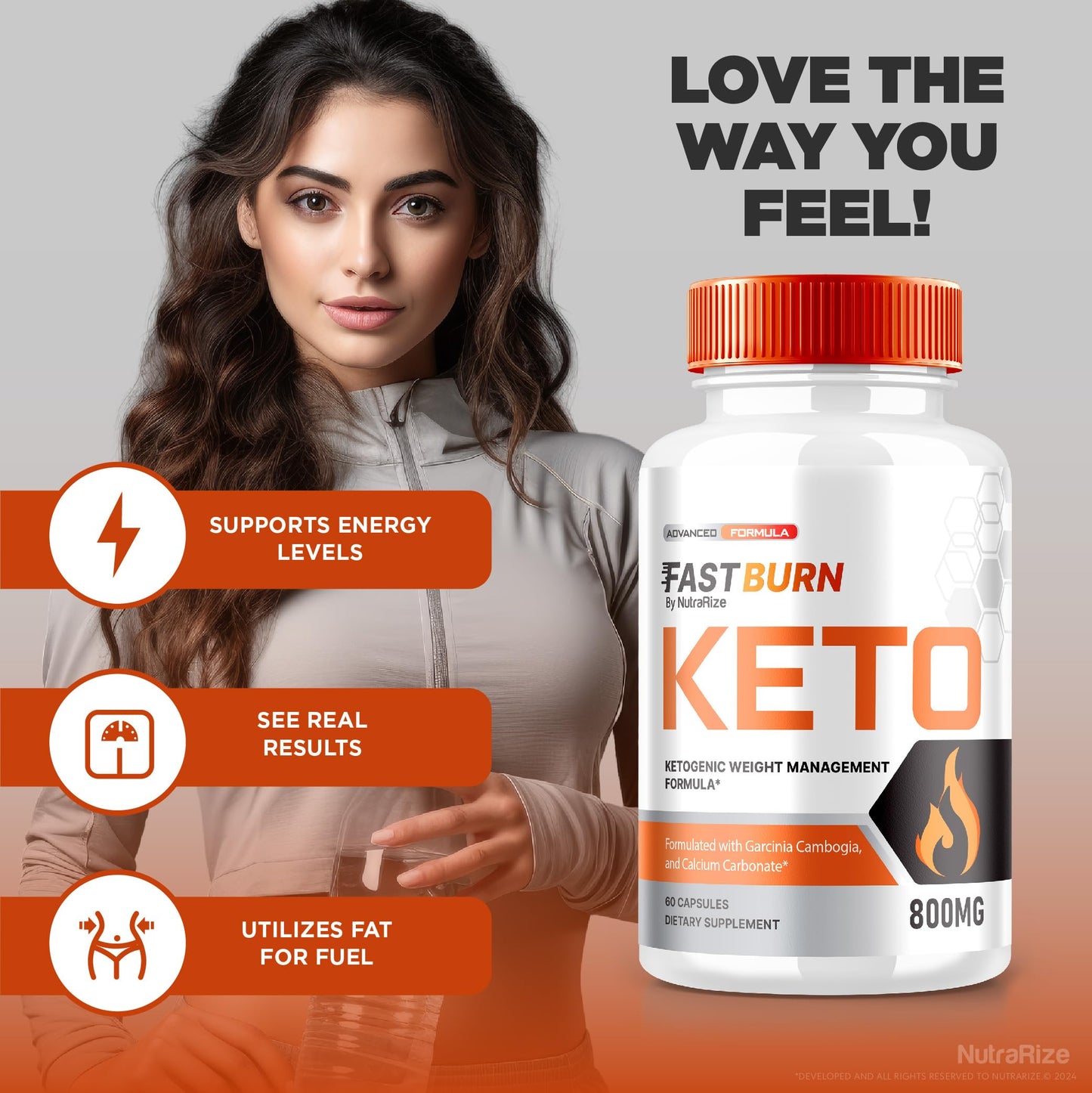 NutraRize Fast Burn Keto capsules supplement facts panel showing natural ingredients list.
