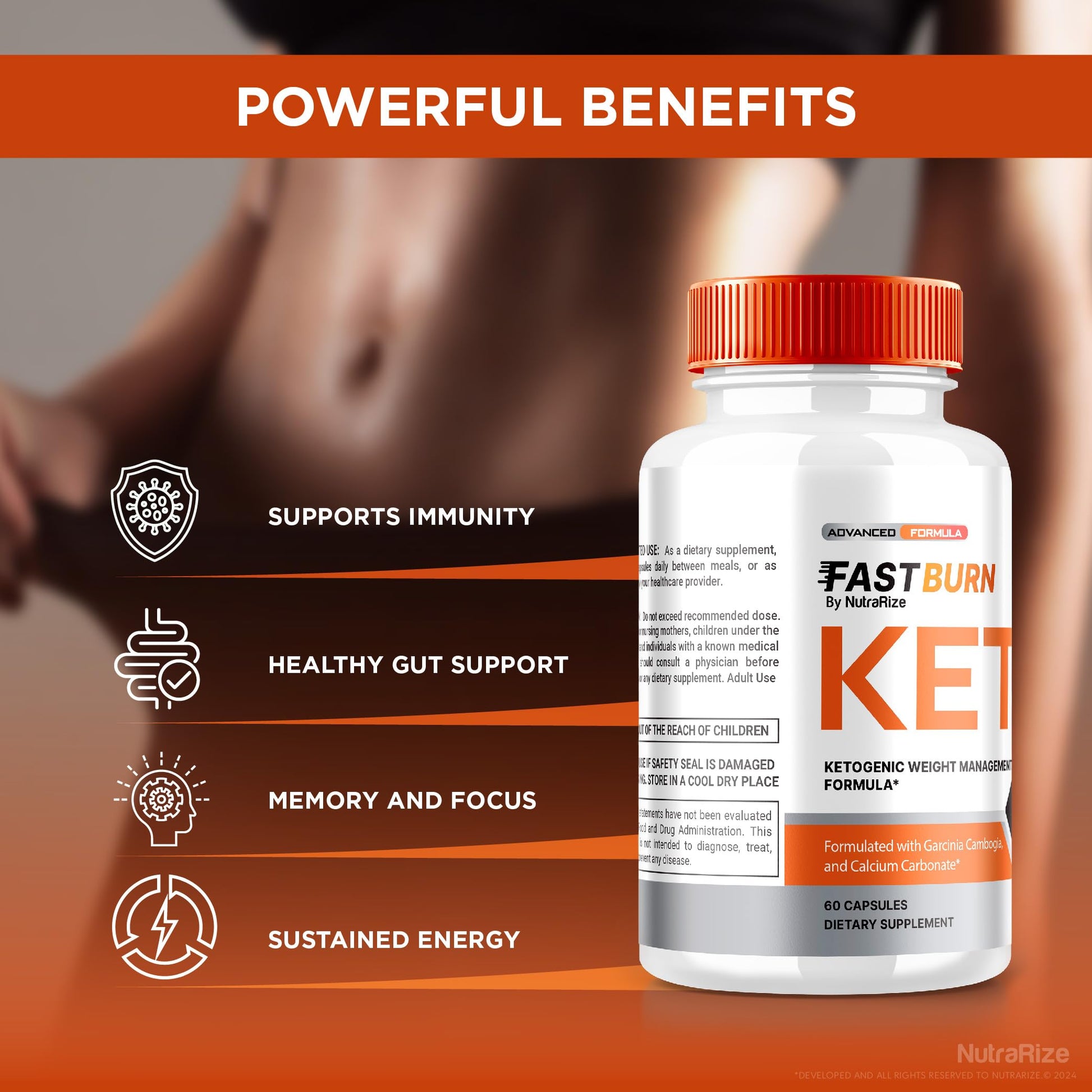 Close up view of the authentic USA imported NutraRize Fast Burn Keto supplement bottle label.