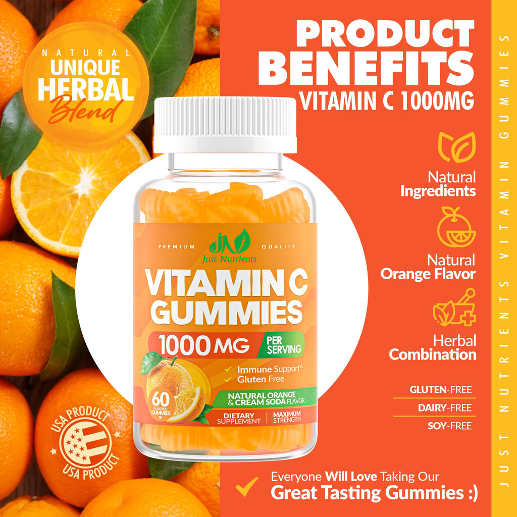 Just Nutrients Vitamin C gummies packaging highlights and features