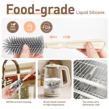 Silicone bottle brush and nipple cleaner tools displayed