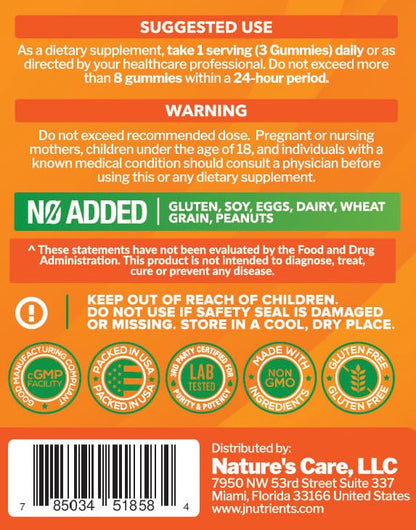 Just Nutrients 60 gummy bottle displaying non GMO and pectin based product features