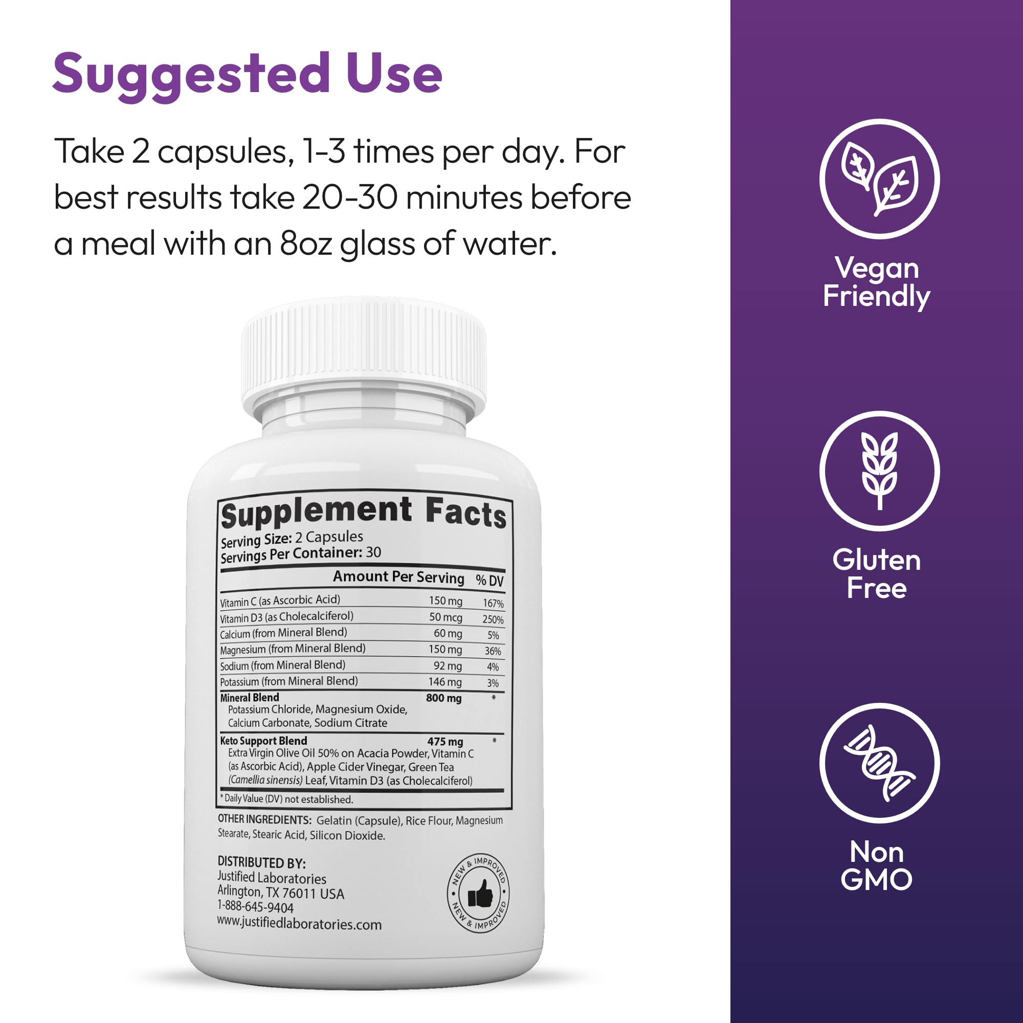 Justified Laboratories Optimal Keto supplement facts and ingredient label close up