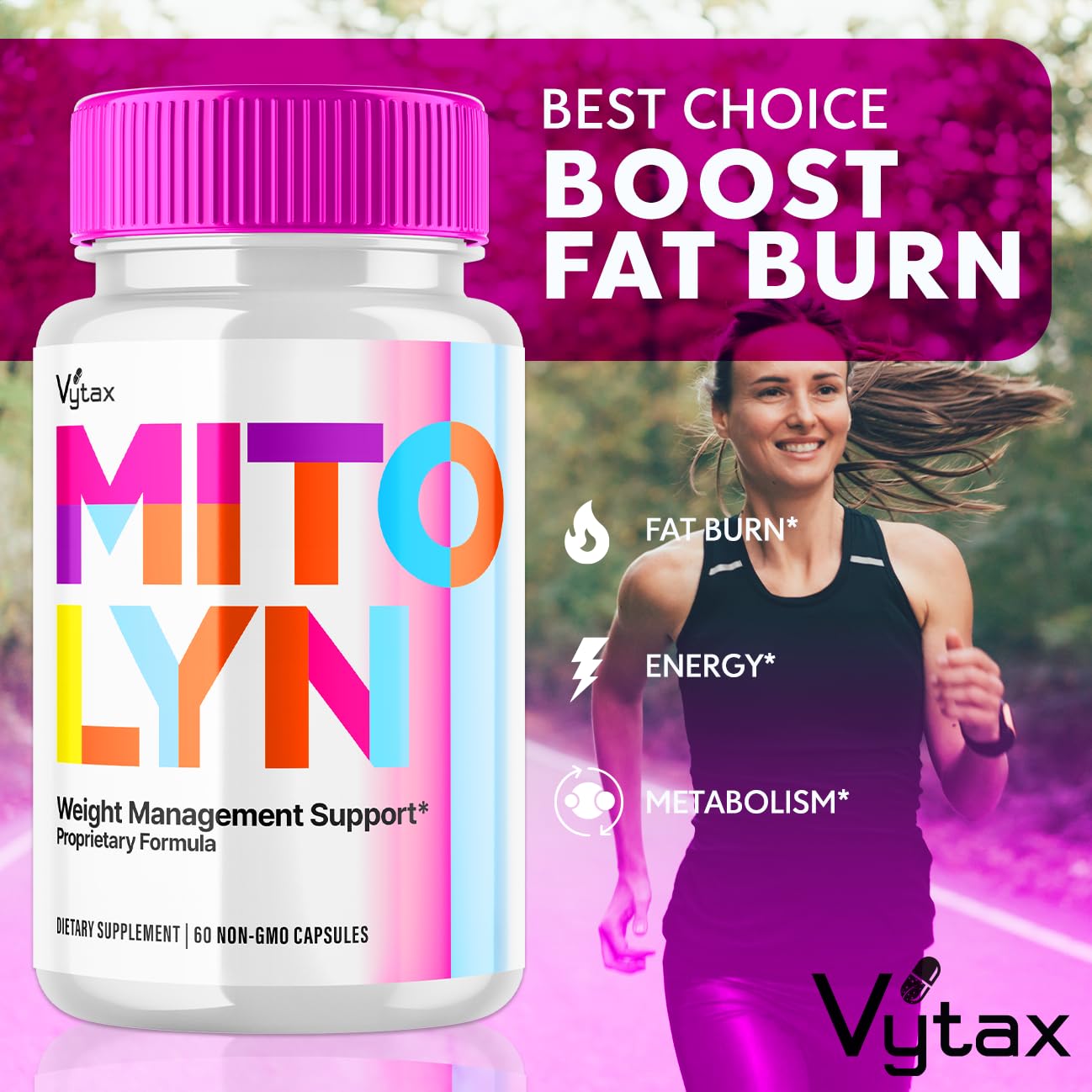 CNBEIAN Mitolyn dietary supplement bottle highlighting the 60 count non GMO capsule volume