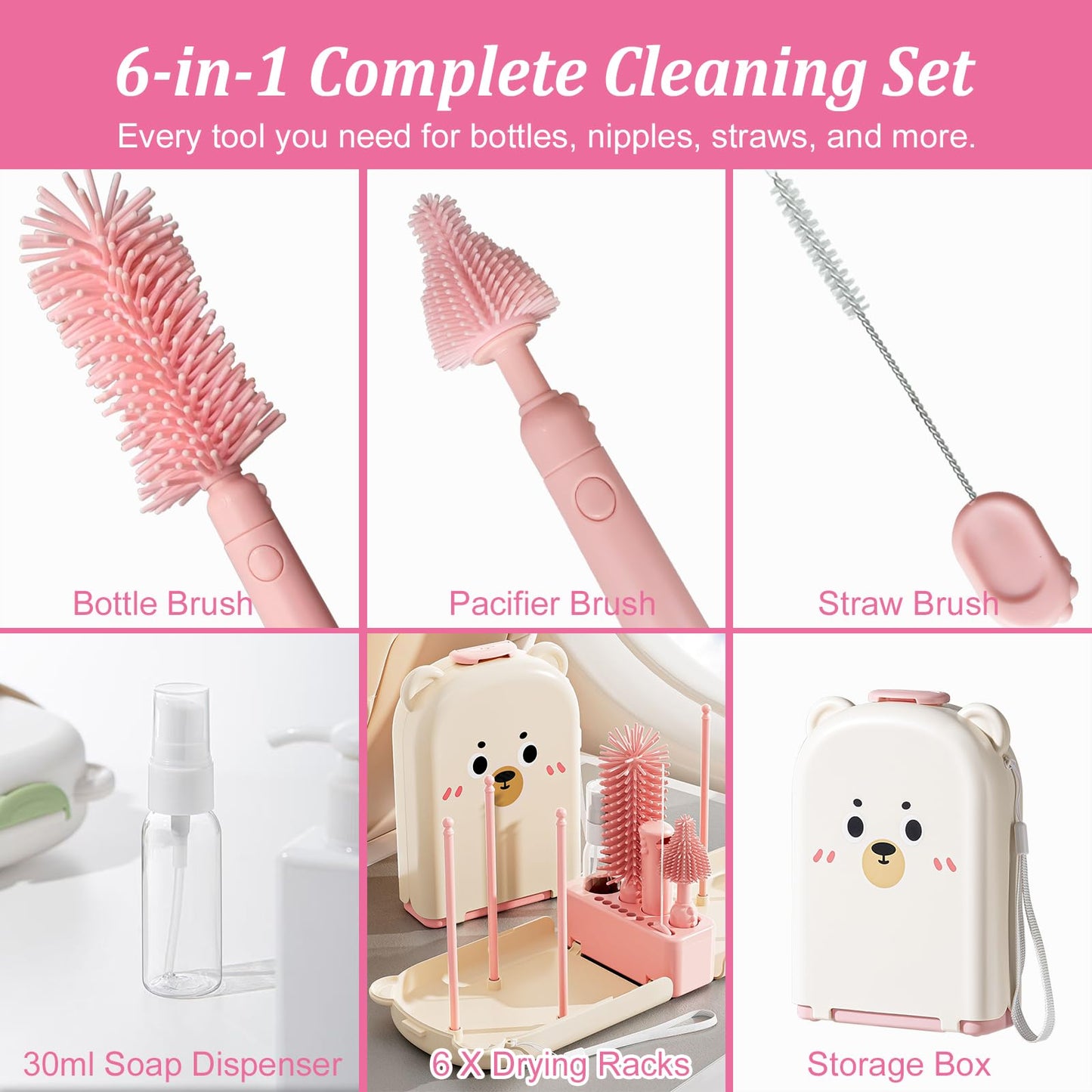 Silicone bottle brush and nipple cleaner set