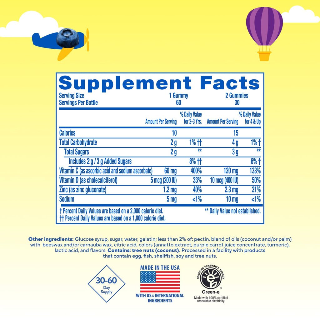 Lil Critters Immune C supplement nutritional facts panel on bottle back