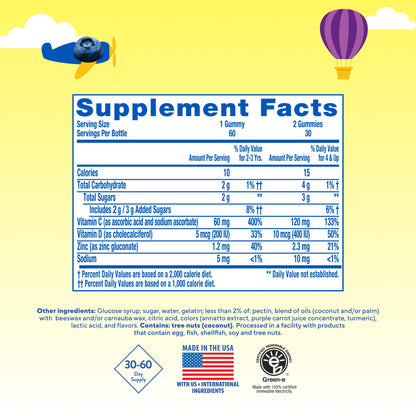 Lil Critters Immune C supplement showing the back label with ingredients and daily nutritional values