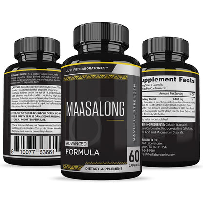Justified Laboratories Maasalong two pack nutrition bottles displaying product dimensions and serving facts