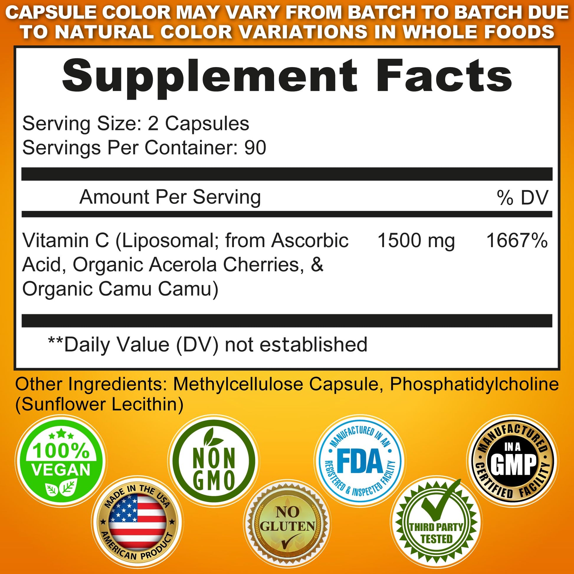 Supplements Studio high absorption liposomal vitamin C capsules supplement facts panel showing ingredient dosages