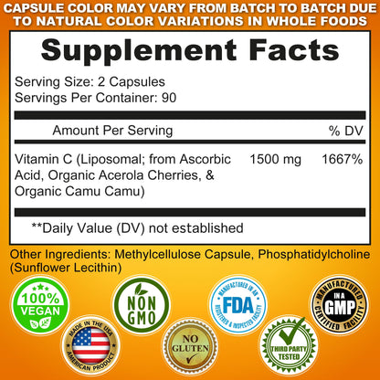 Supplements Studio high absorption liposomal vitamin C capsules supplement facts panel showing ingredient dosages