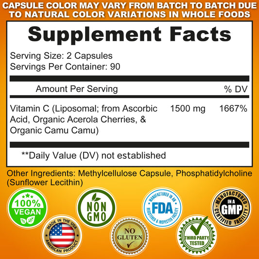 Supplements Studio high absorption liposomal vitamin C capsules supplement facts panel showing ingredient dosages