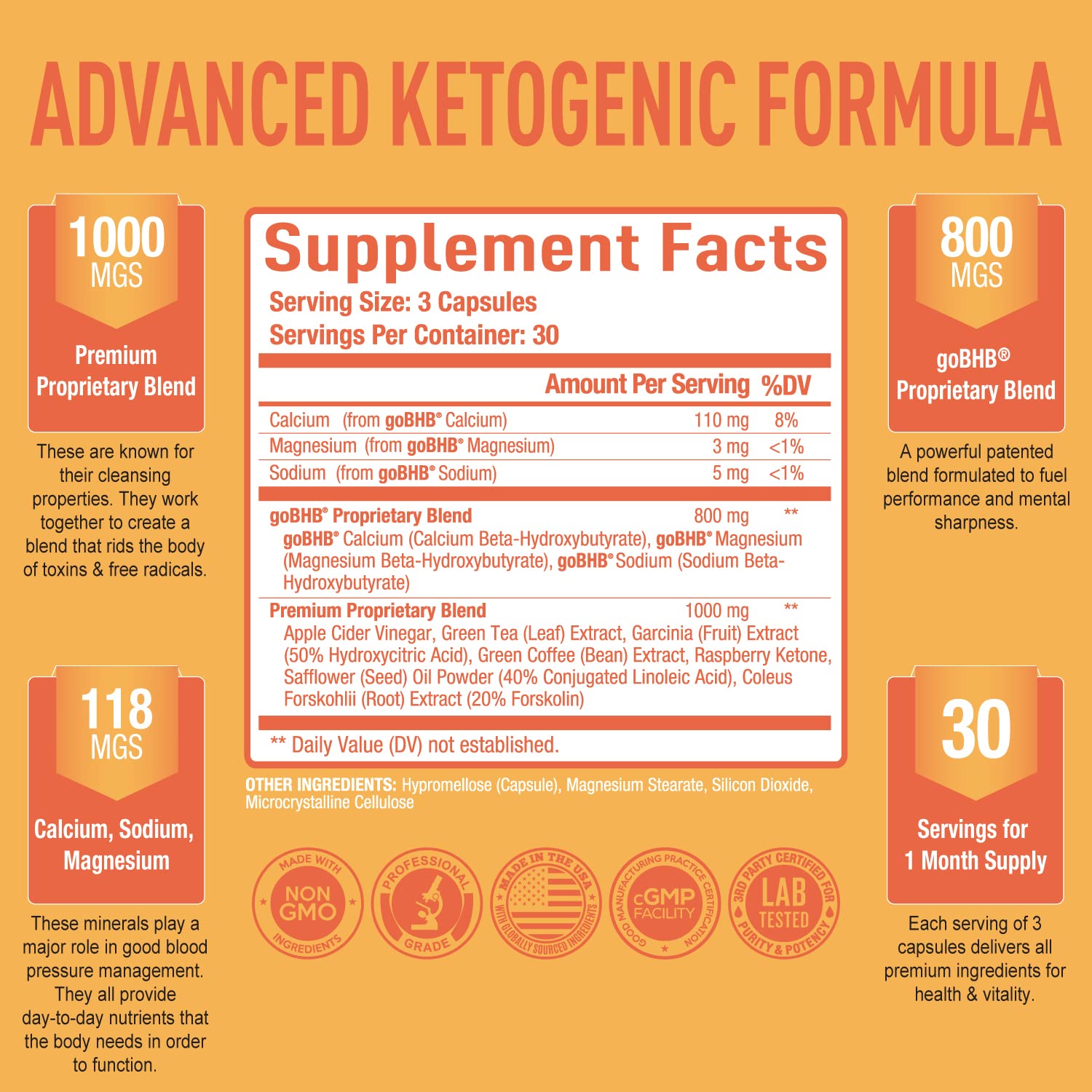 Purely Optimal Keto plus apple cider vinegar supplement facts panel and ingredients