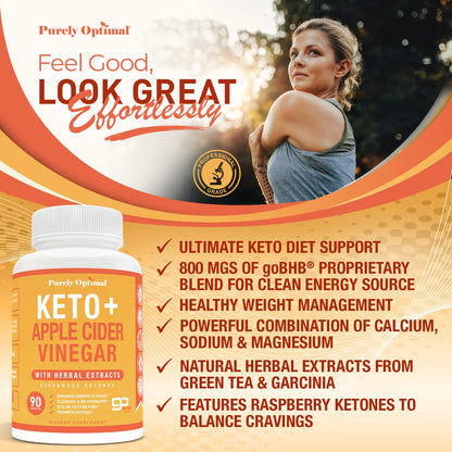 Purely Optimal Keto Plus ACV dietary supplement bottle showing dosage instructions